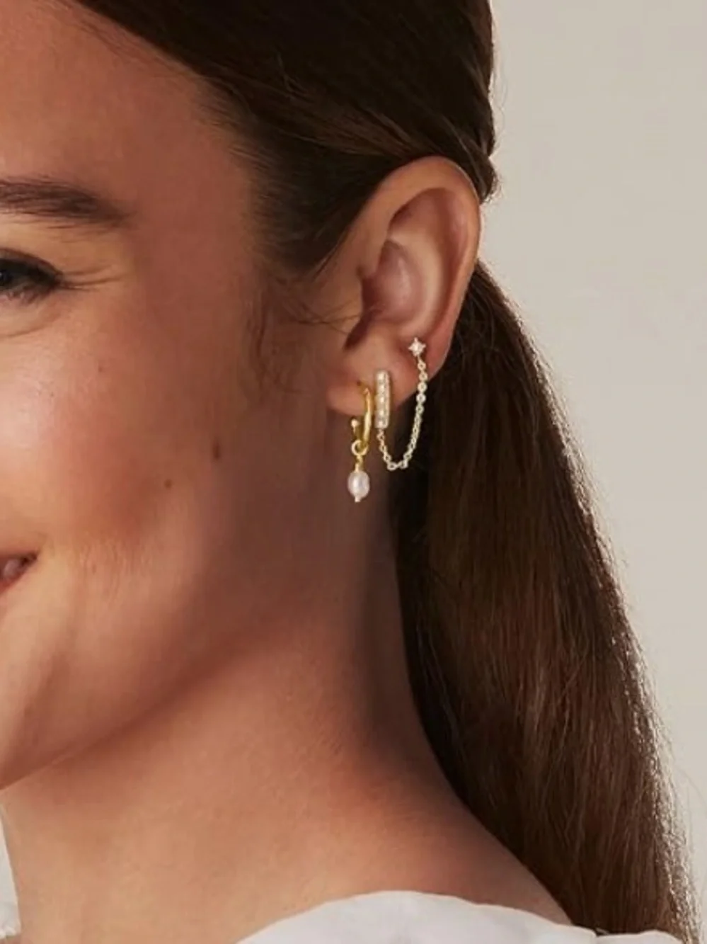 Anthropologie Gold Plated and White Pearl Chain Huggie Earrings